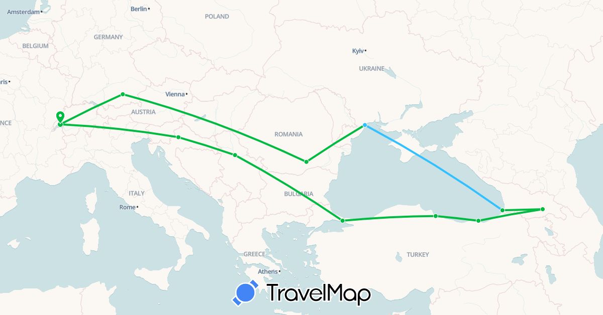 TravelMap itinerary: driving, bus, boat in Switzerland, Germany, Georgia, Croatia, Romania, Serbia, Turkey, Ukraine (Asia, Europe)